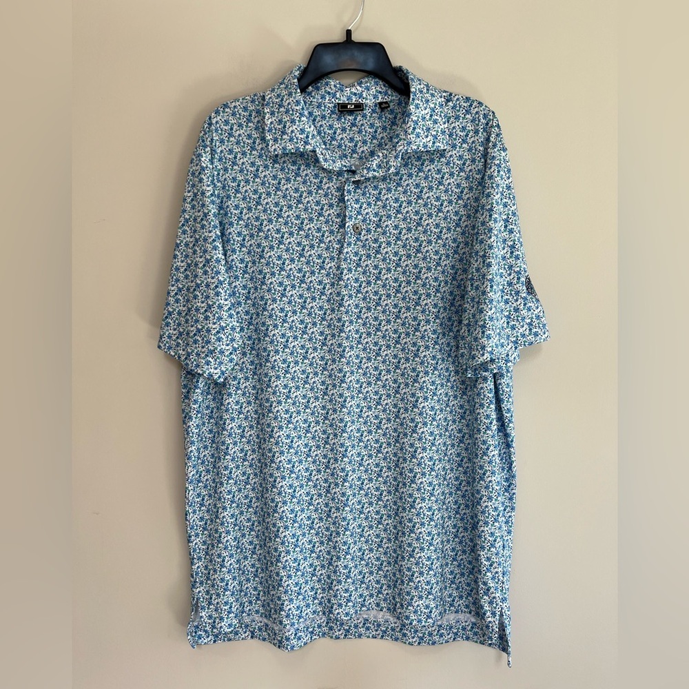 FootJoy Allover Floral Print Lisle Performance Golf Polo, White/Blue, L - Picture 2 of 8